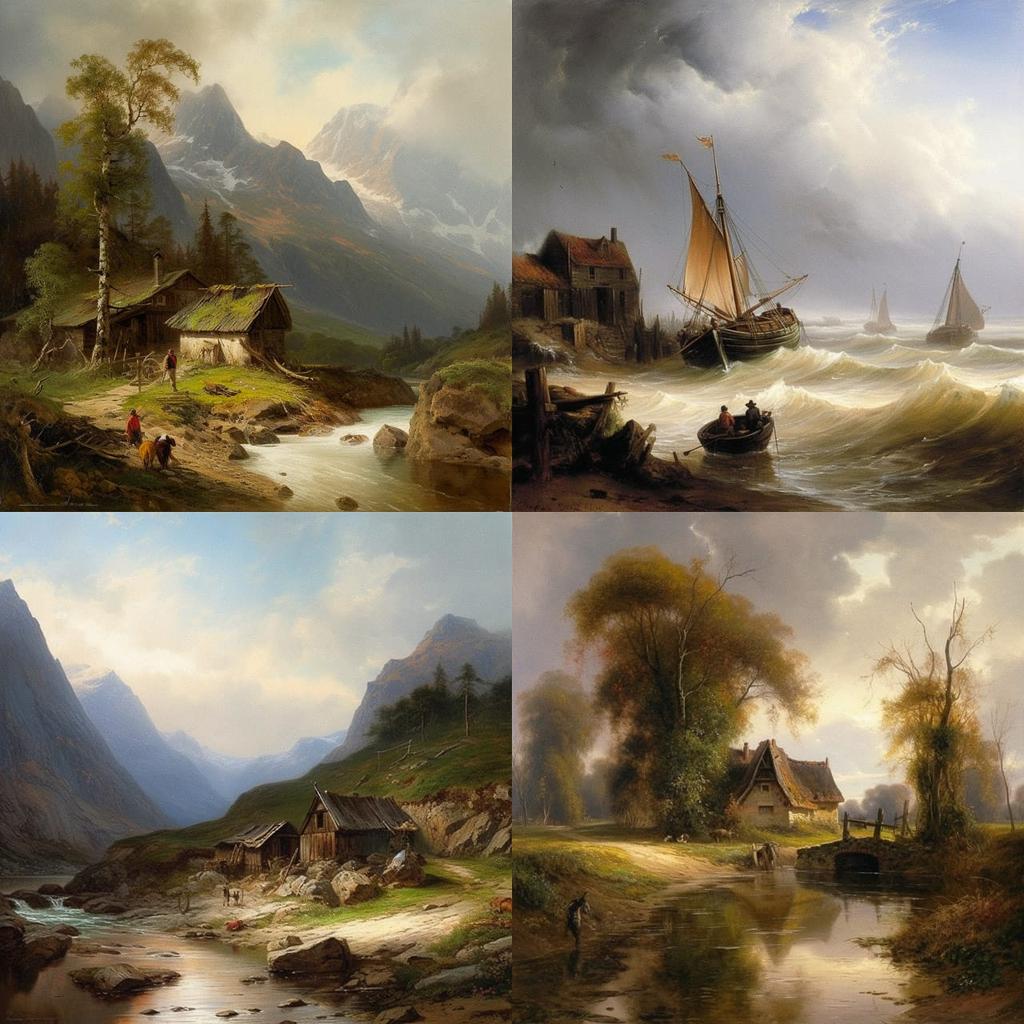 Oswald Achenbach style, Midjourney V5, render 1 of 4
