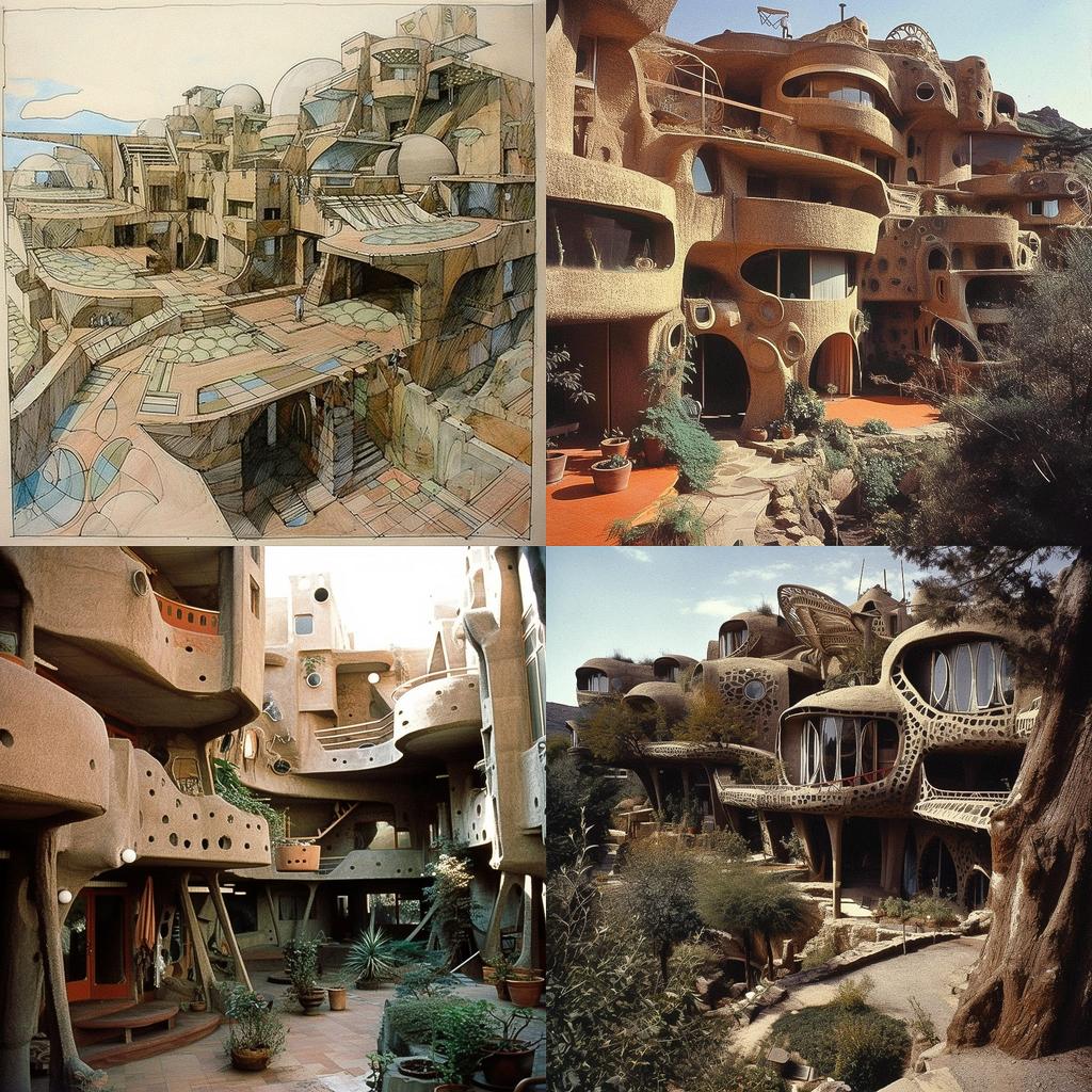 Paolo Soleri style, Midjourney V5, render 1 of 4