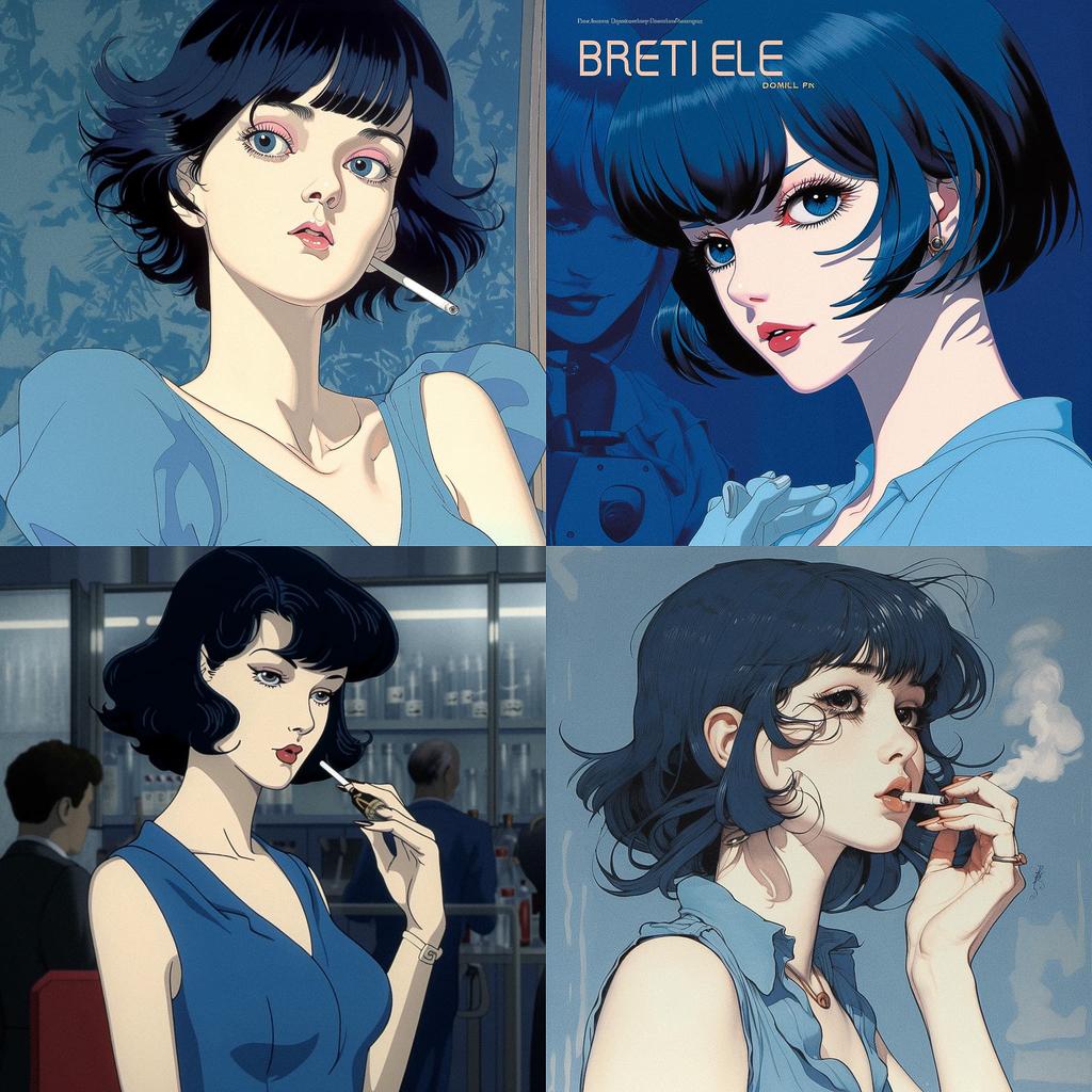 Perfect Blue style, Midjourney V5, render 1 of 4