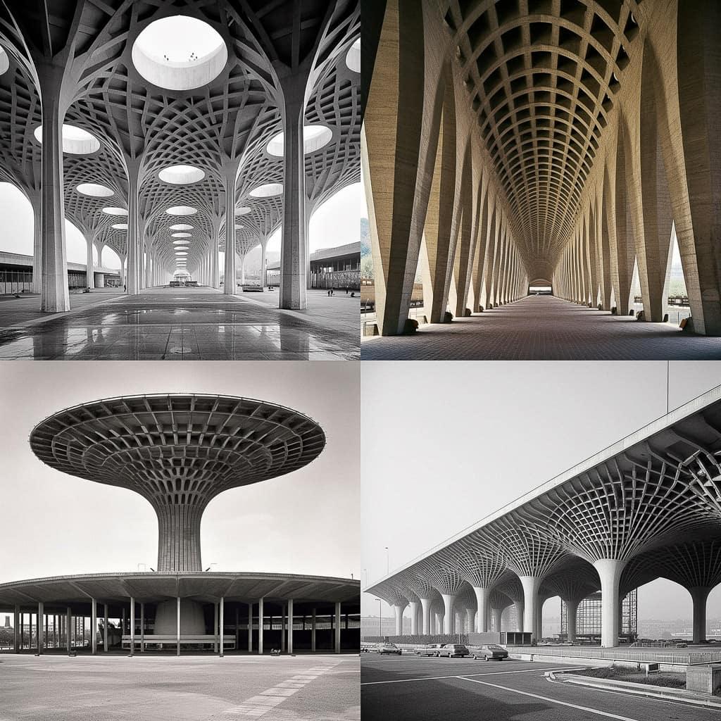 Pier Luigi Nervi style, Midjourney V5, render 1 of 4
