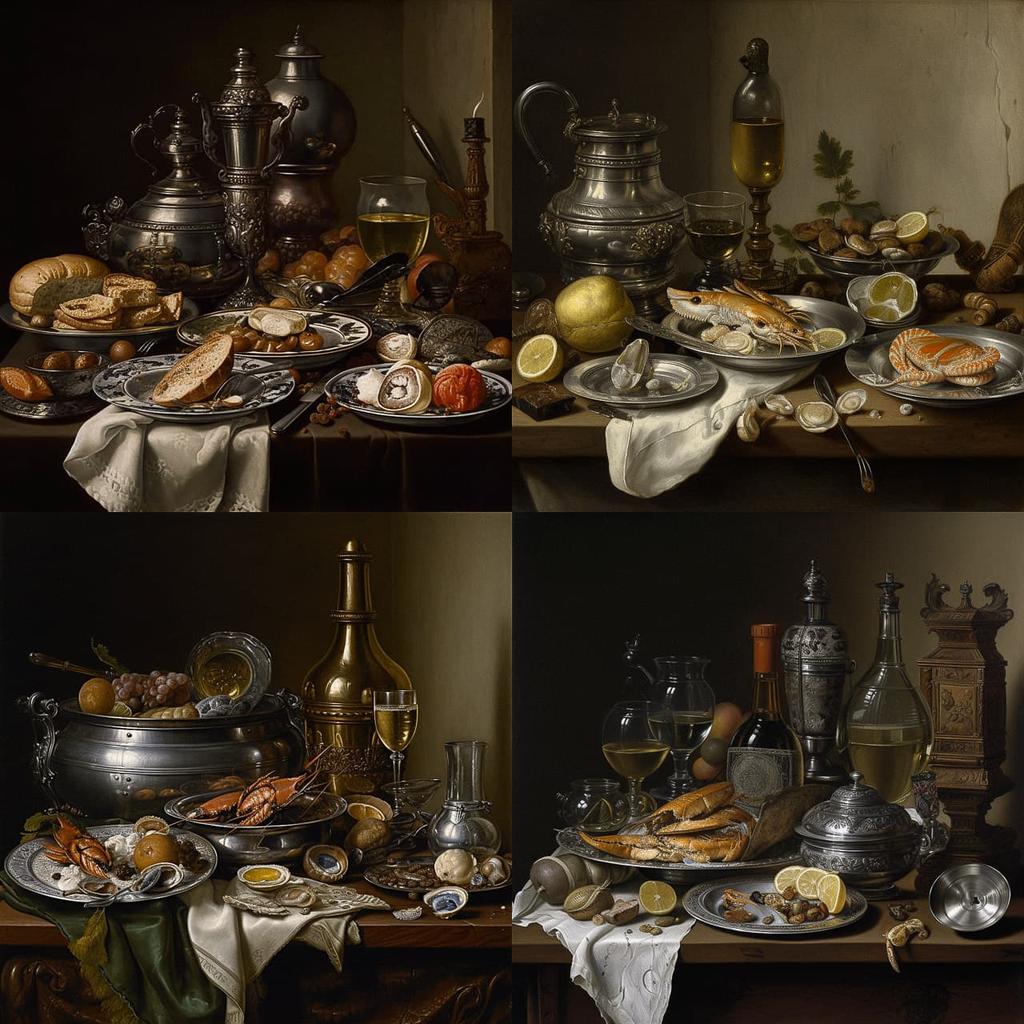 Pieter Claesz style, Midjourney V5, render 1 of 4