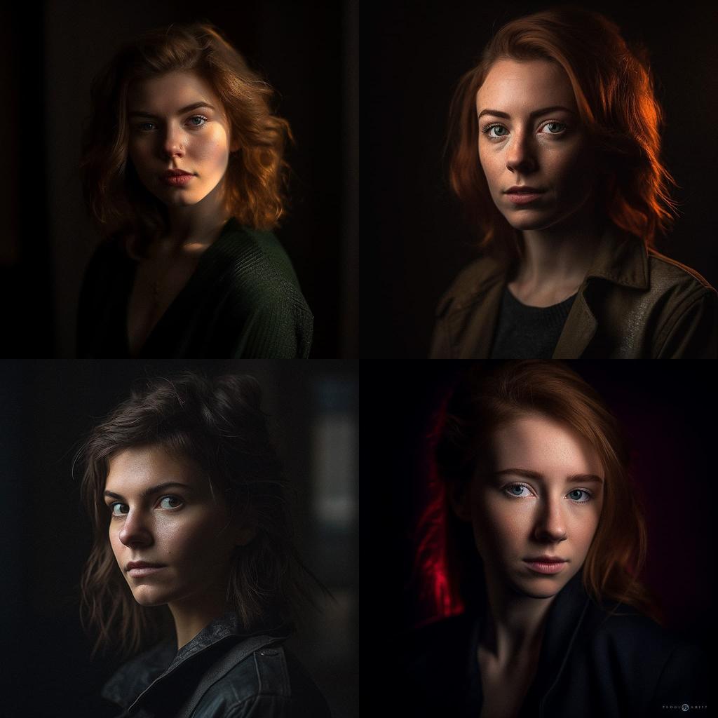 Portrait shot with contrasty lighting style, Midjourney V5, render 1 of 4