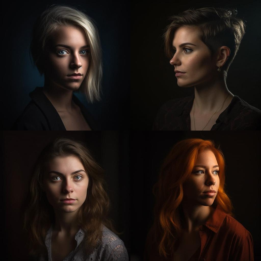 Portrait shot with hard lighting style, Midjourney V5, render 1 of 4