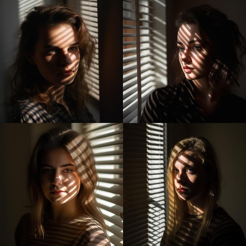 Portrait shot with light and shadow from window blinds style, Midjourney V5, render 1 of 4