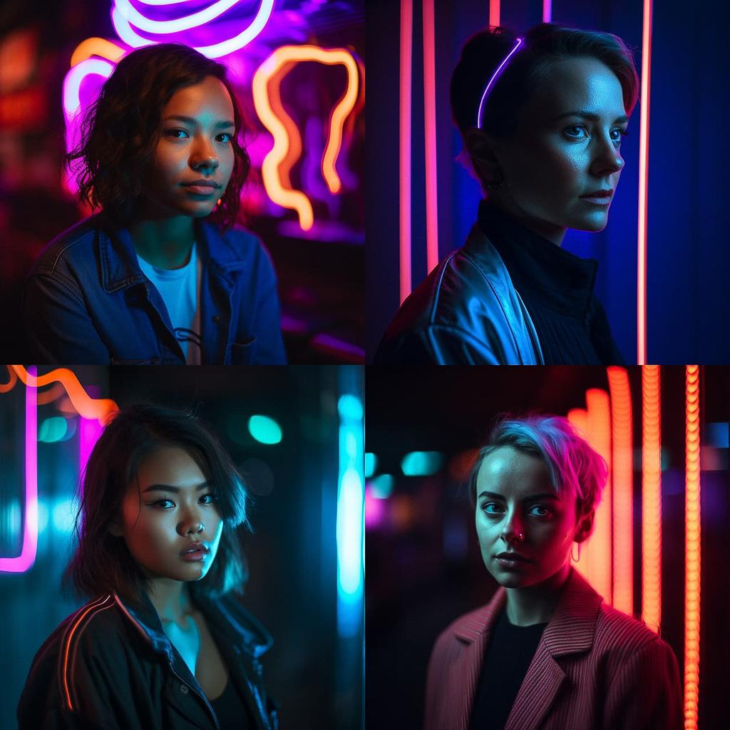 Portrait shot with neon lighting style, Midjourney V5, render 1 of 4