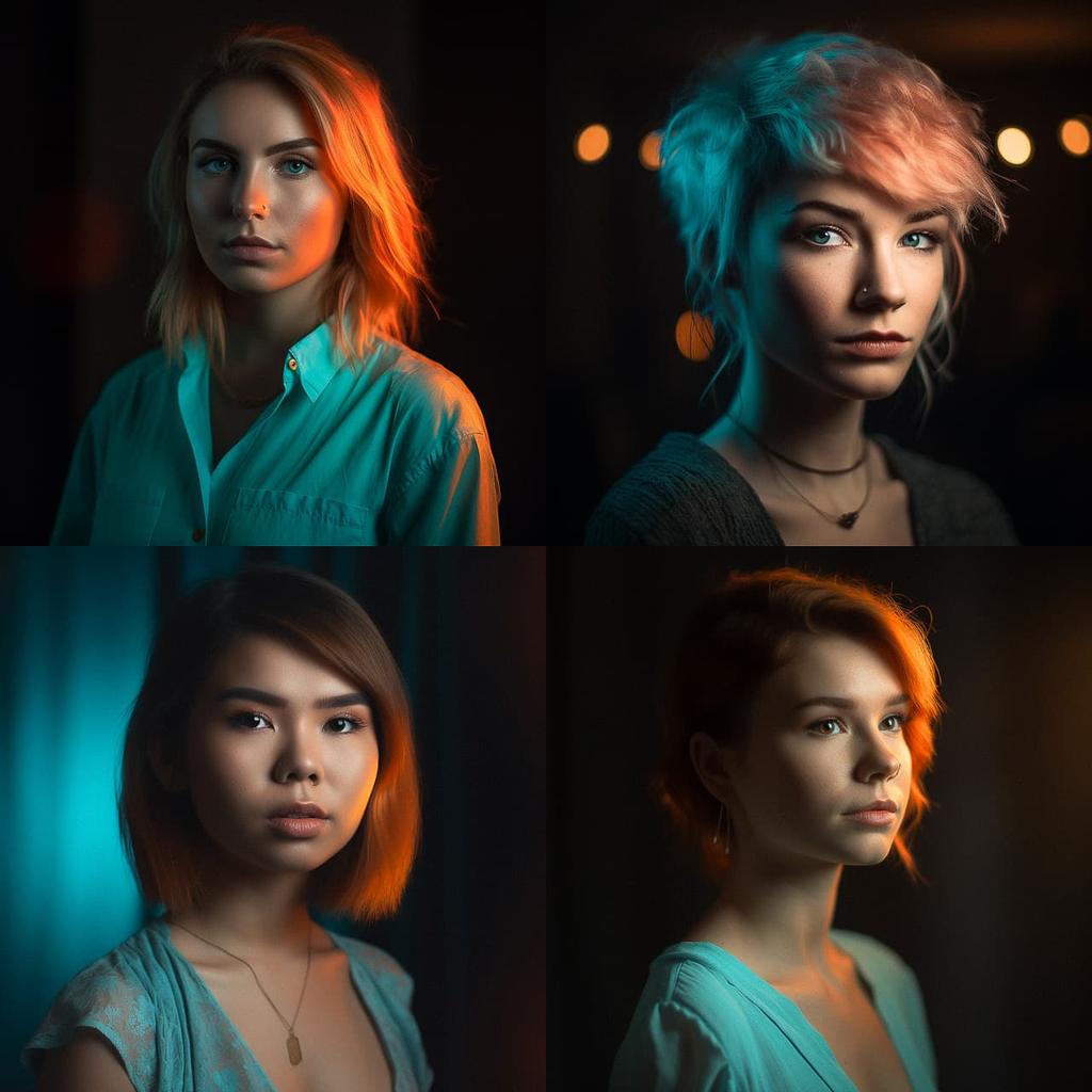 Portrait shot with peach and cyan lighting style, Midjourney V5, render 1 of 4