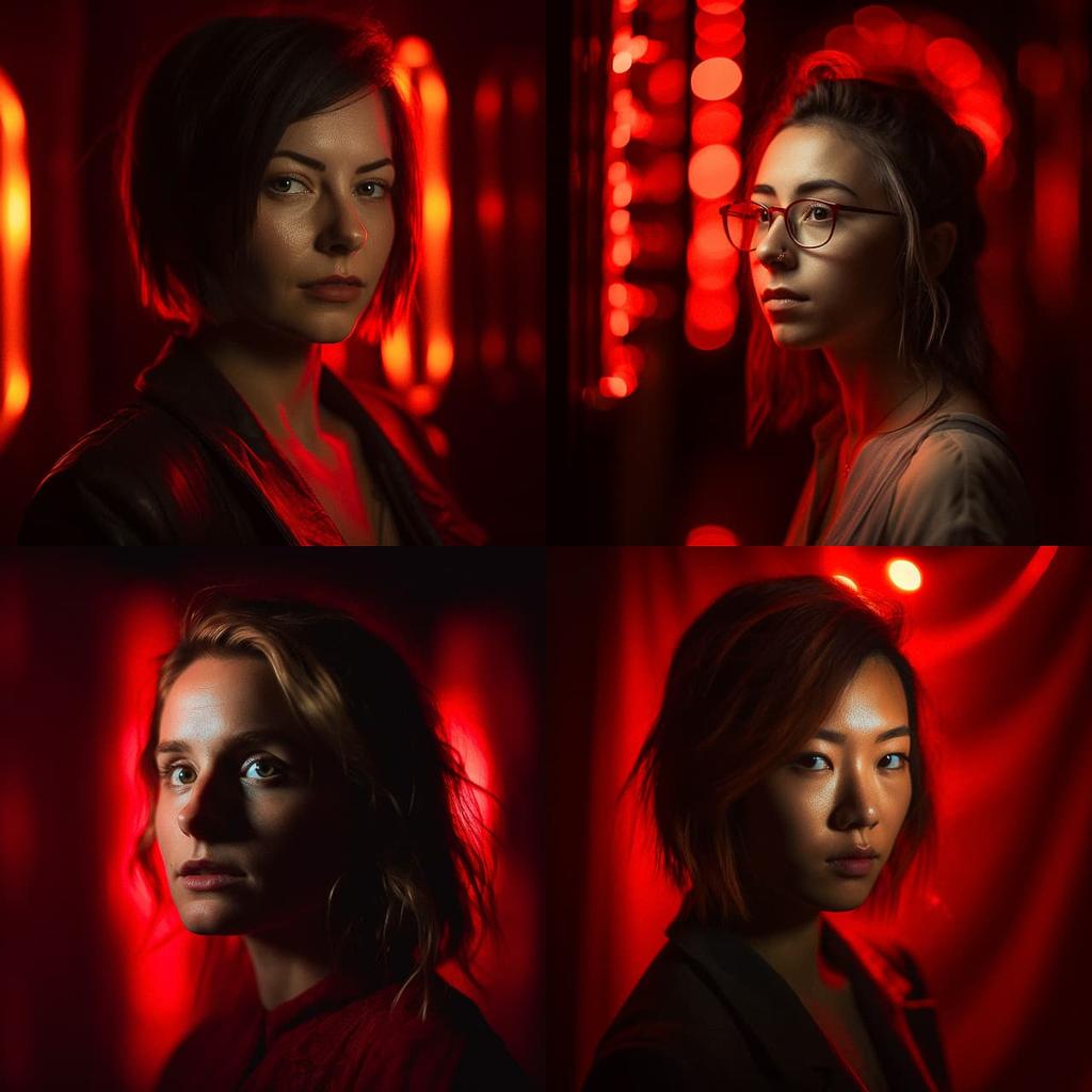 Portrait shot with red light style, Midjourney V5, render 1 of 4