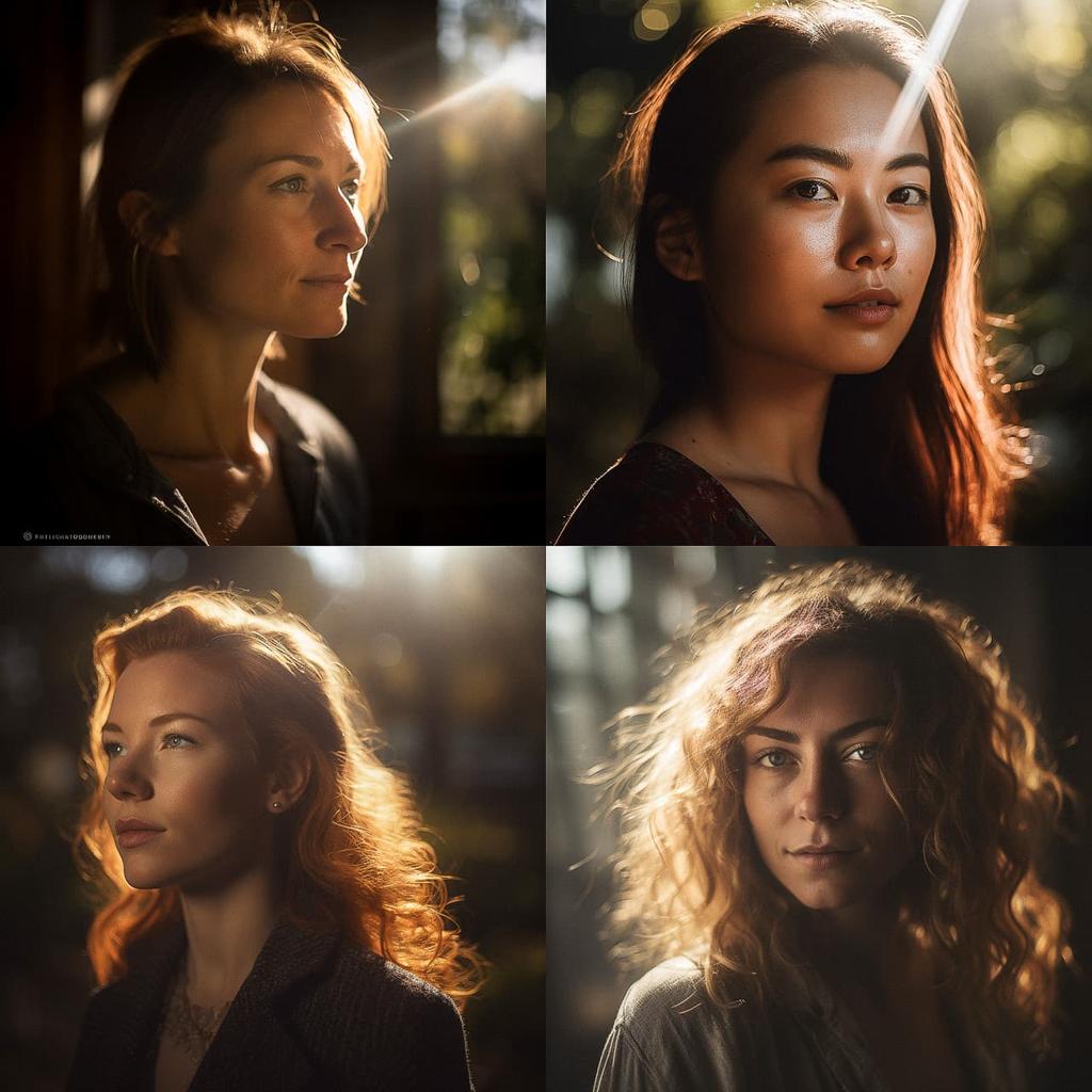 Portrait shot with sunlight style, Midjourney V5, render 1 of 4