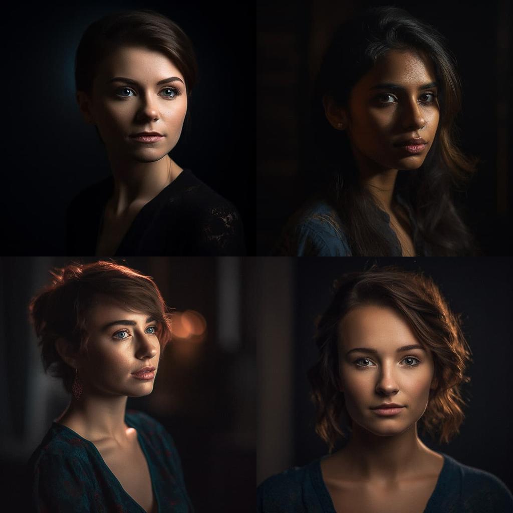 Portrait shot with top lighting style, Midjourney V5, render 1 of 4