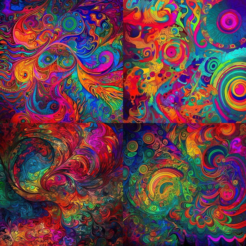 Psychedelic colors style, Midjourney V5, render 1 of 4