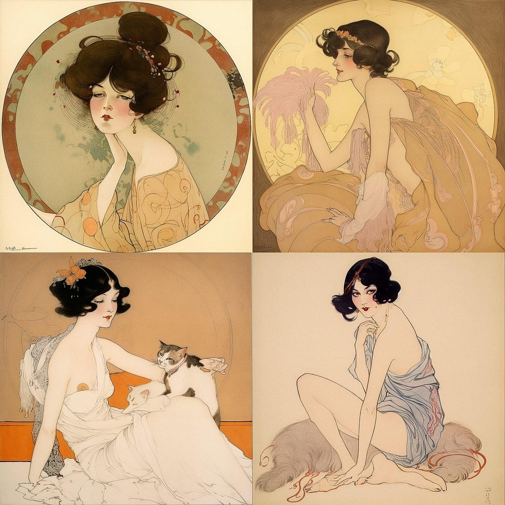 Raphael Kirchner style, Midjourney V5, render 1 of 4