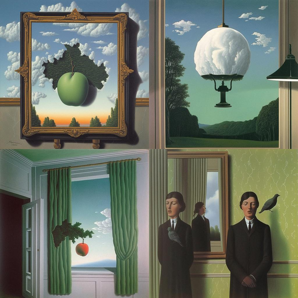 Rene Magritte style, Midjourney V5, render 1 of 4