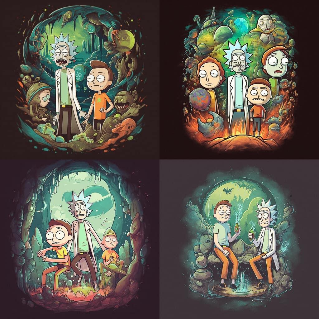 Rick and Morty style, Midjourney V5, render 1 of 4