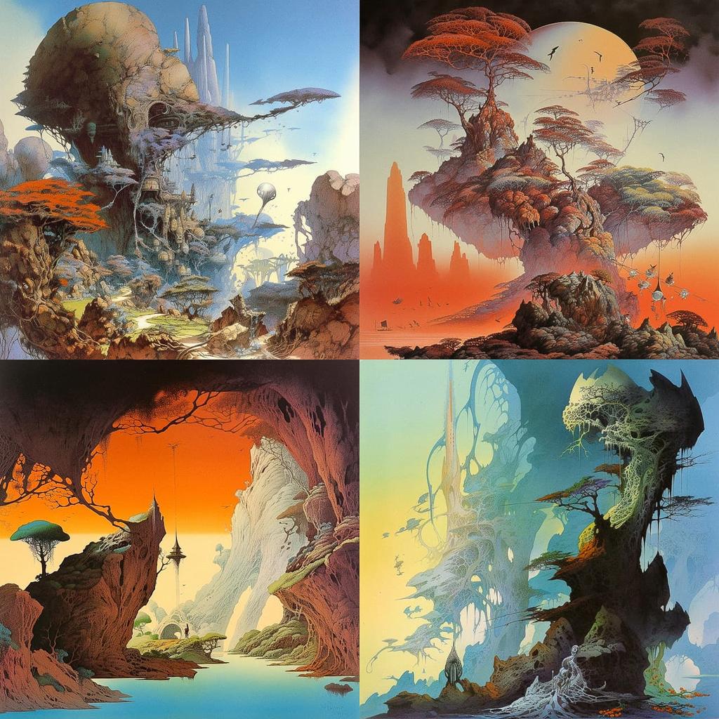 Roger Dean style, Midjourney V5, render 1 of 4