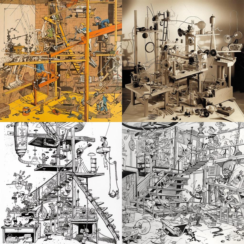 Rube Goldberg style, Midjourney V5, render 1 of 4