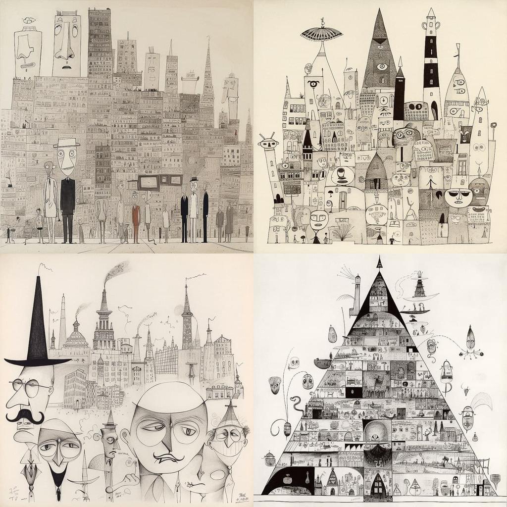 Saul Steinberg style, Midjourney V5, render 1 of 4