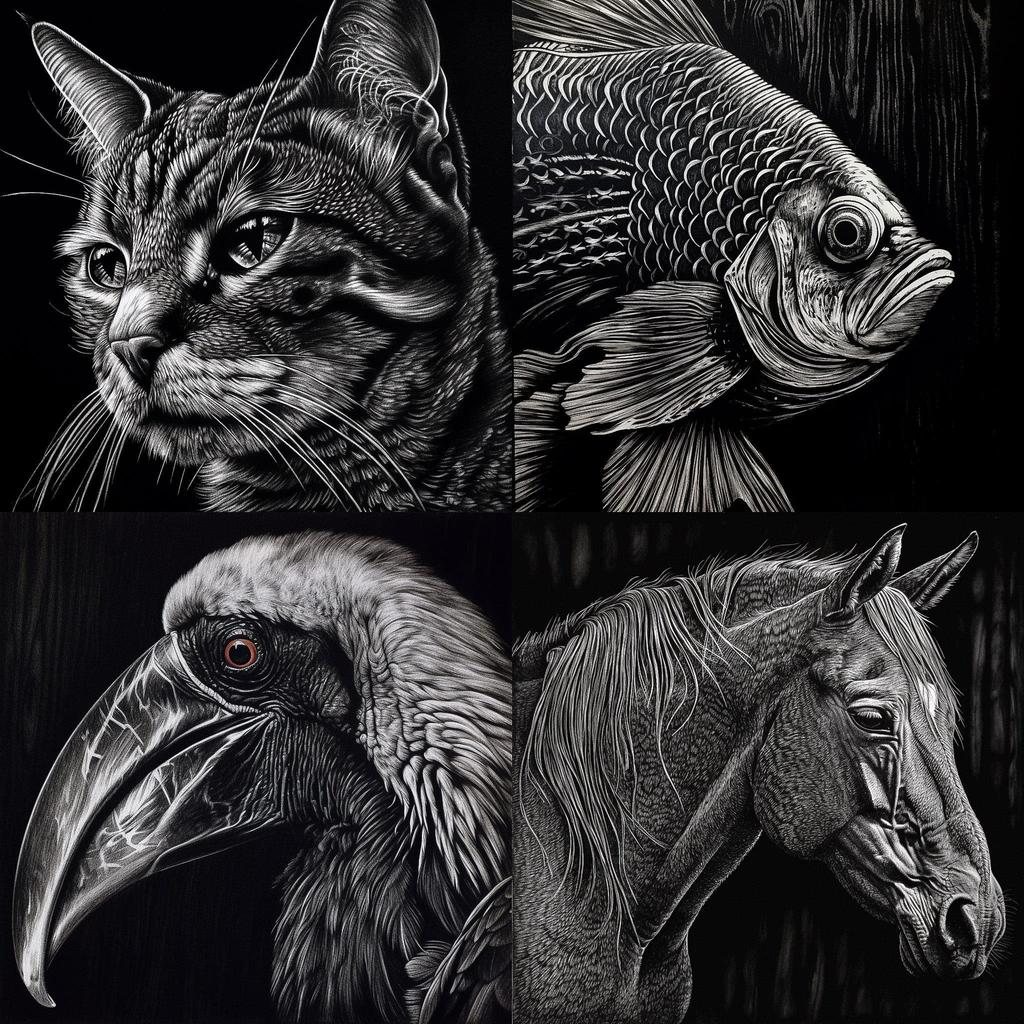 Scratchboard art style, Midjourney V5, render 1 of 4