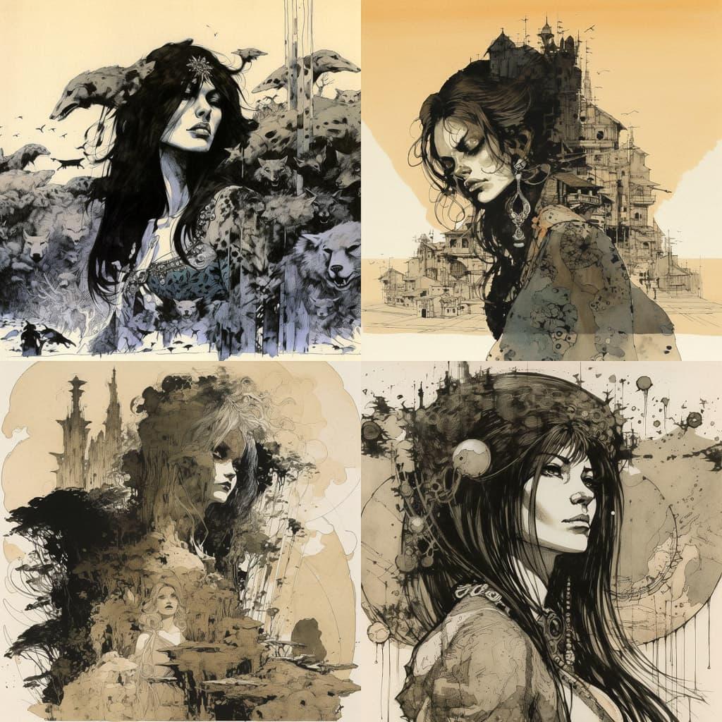 Sergio Toppi style, Midjourney V5, render 1 of 4