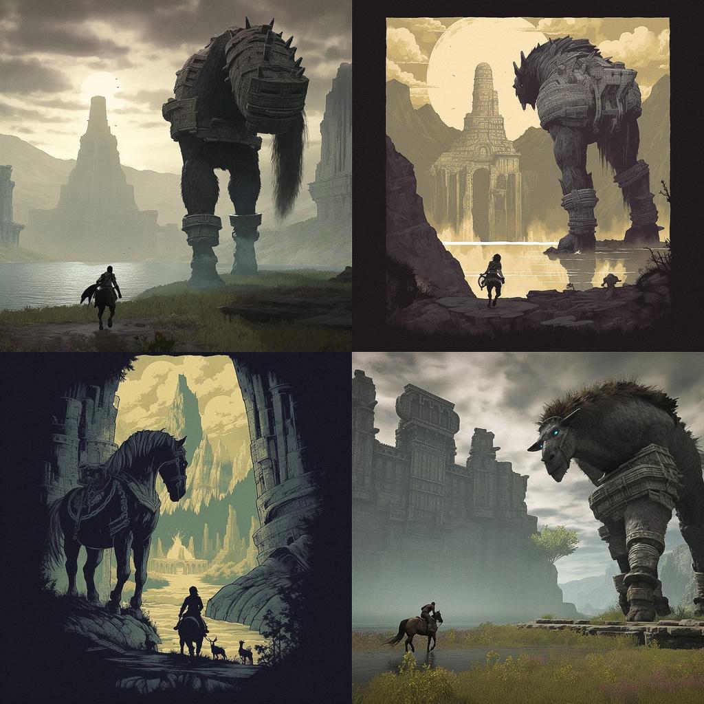 Shadow of the Colossus style, Midjourney V5, render 1 of 4