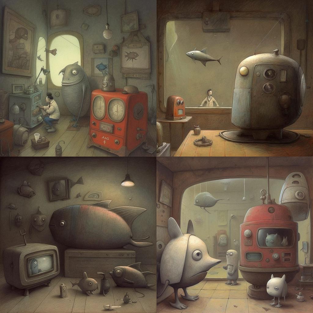 Shaun Tan style, Midjourney V5, render 1 of 4
