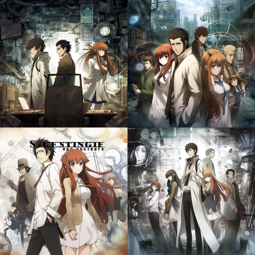 SteinsGate style, Midjourney V5, render 1 of 4
