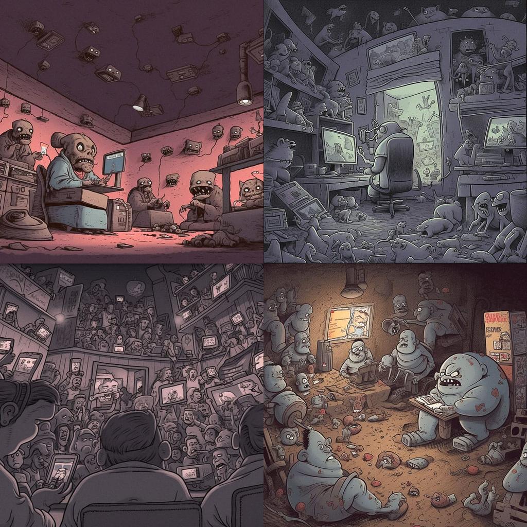 Steve Cutts style, Midjourney V5, render 1 of 4
