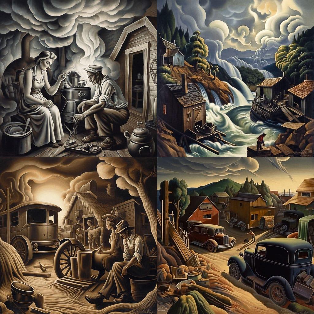 Thomas Hart Benton style, Midjourney V5, render 1 of 4