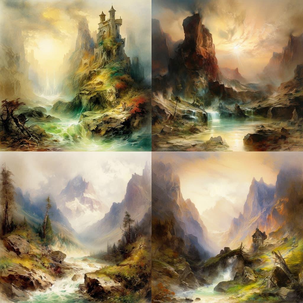 Thomas Moran style, Midjourney V5, render 1 of 4