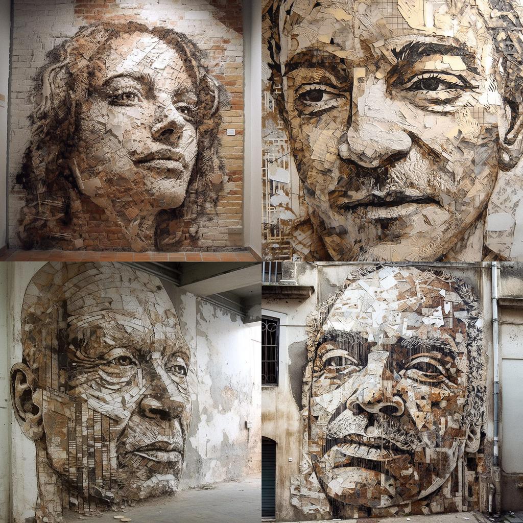 Vhils style, Midjourney V5, render 1 of 4