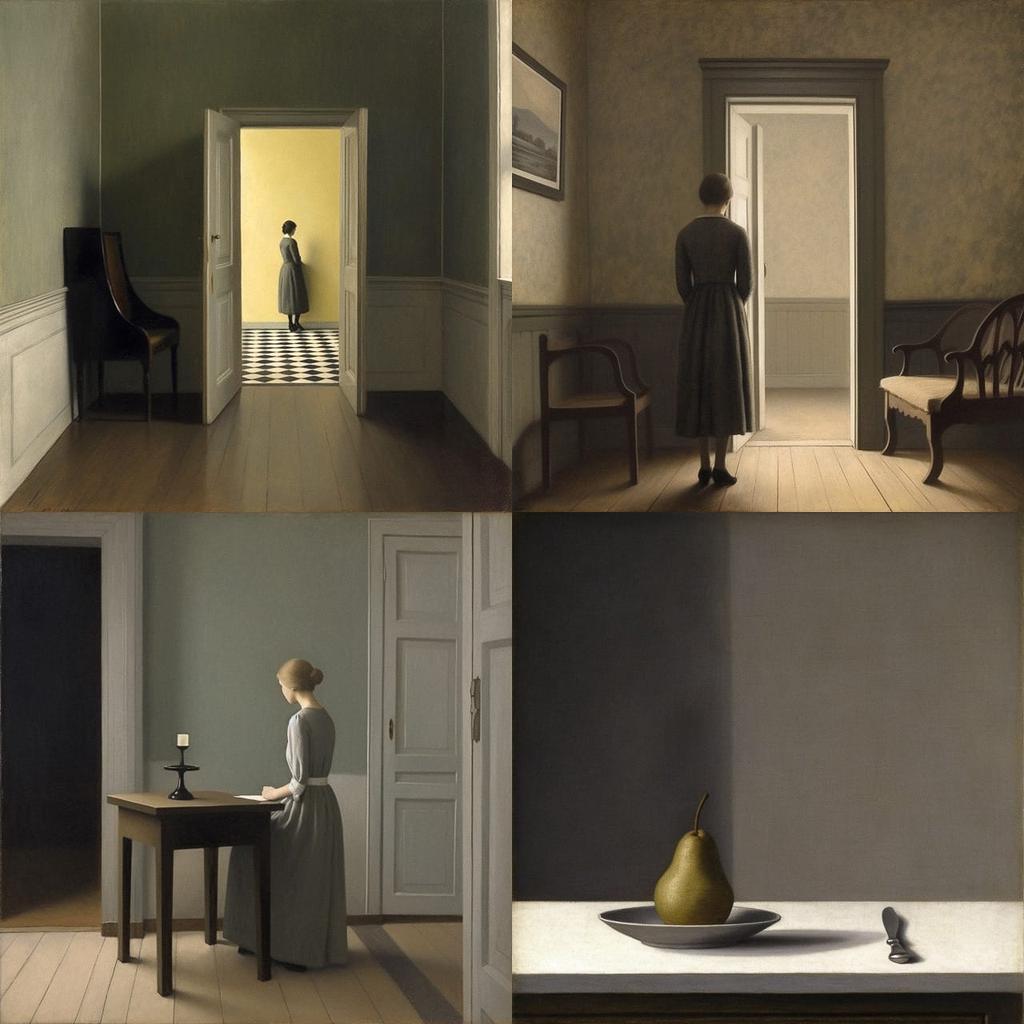 Vilhelm Hammershoi style, Midjourney V5, render 1 of 4