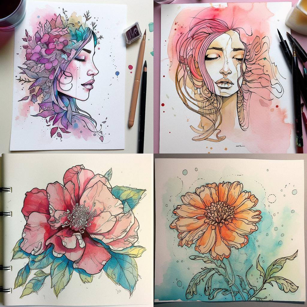 Watercolor with ink pen outline style, Midjourney V5, render 1 of 4