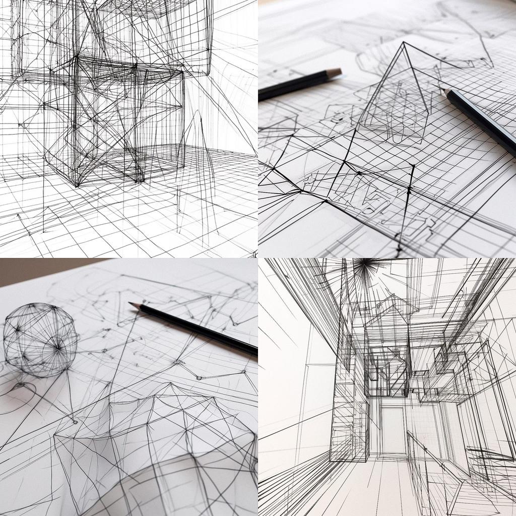 Wireframe drawing style, Midjourney V5, render 1 of 4