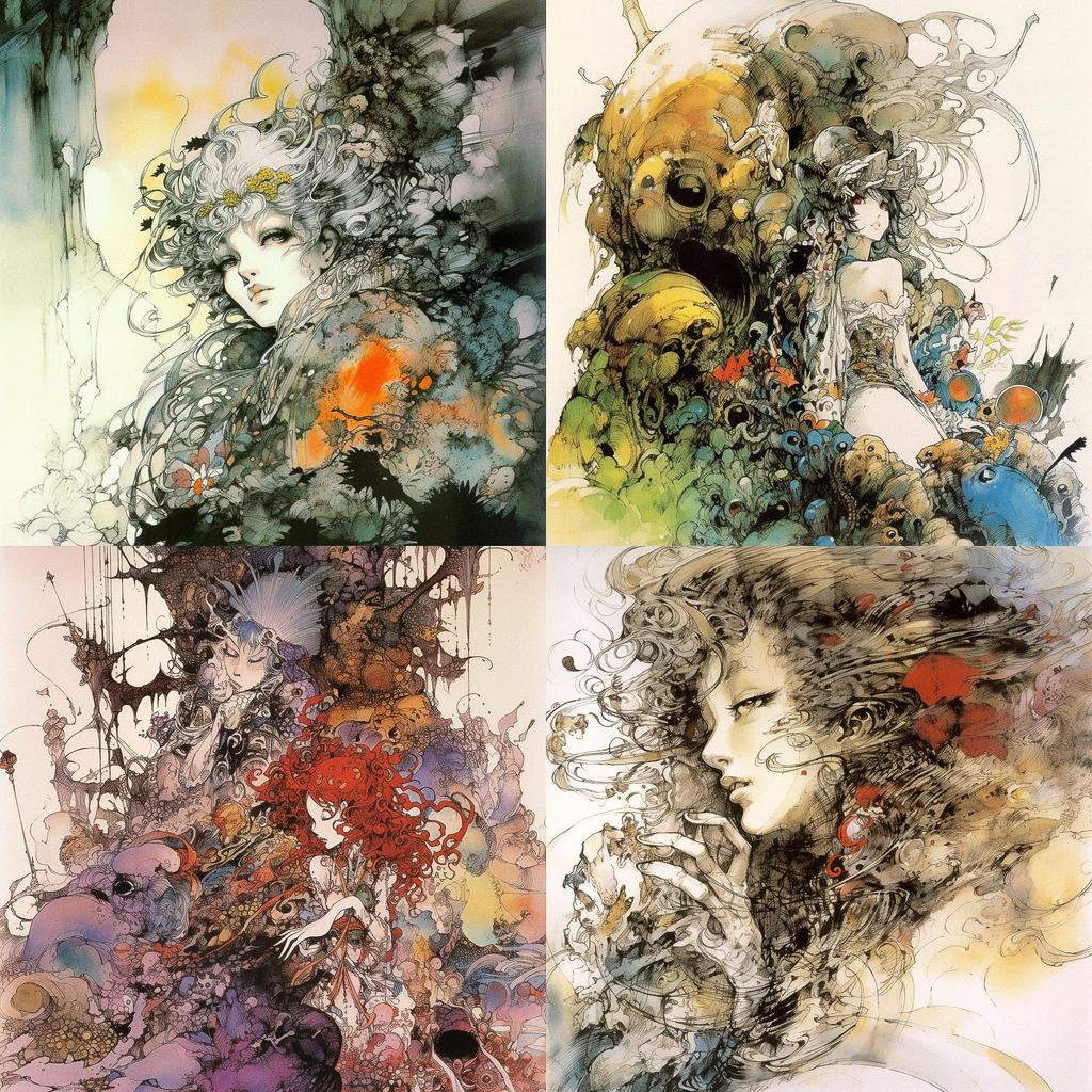 Yoshitaka Amano style, Midjourney V5, render 1 of 4