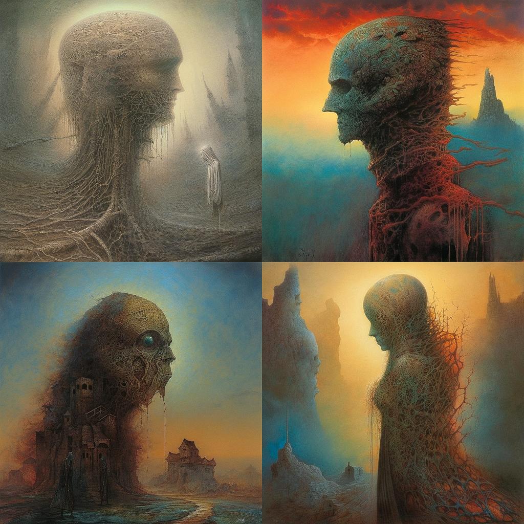 Zdzislaw Beksinski style, Midjourney V5, render 1 of 4