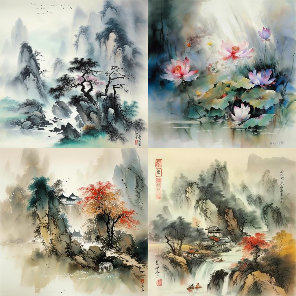 Zhang Daqian style, Midjourney V5, render 1 of 4