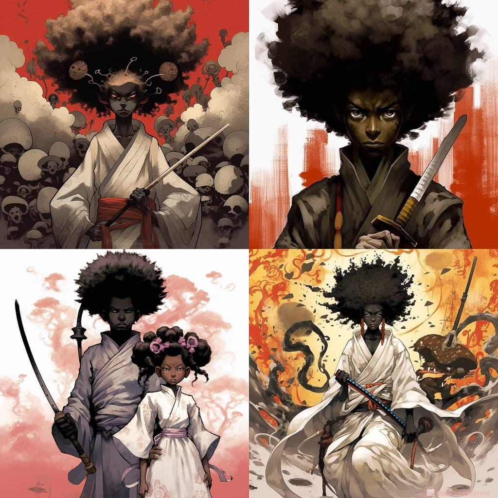 Afro Samurai style, Midjourney V5.1, render 1 of 4
