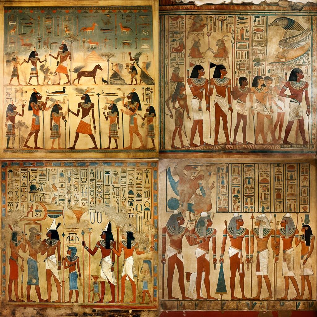 Ancient Egyptian mural style, Midjourney V5.1, render 1 of 4