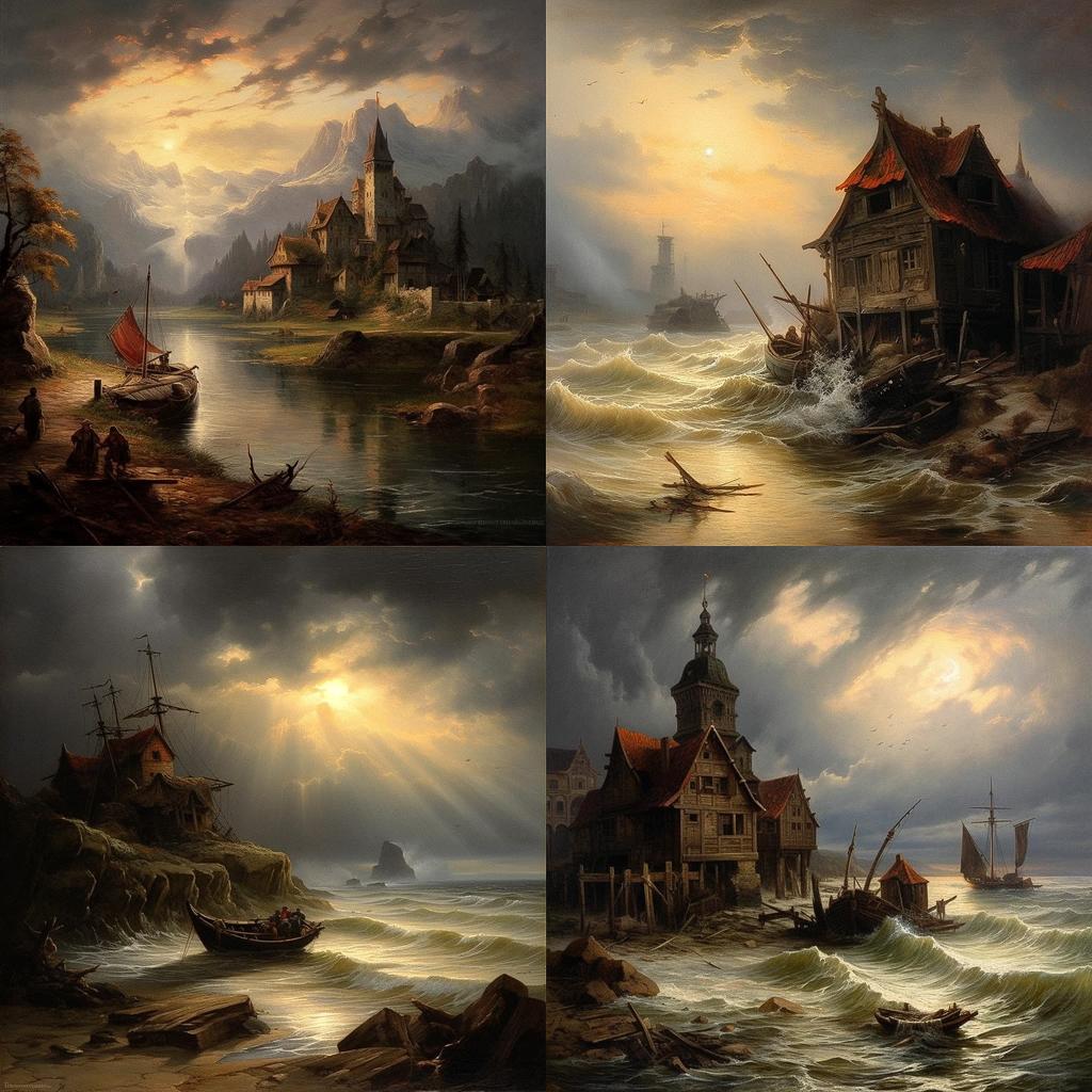 Andreas Achenbach style, Midjourney V5.1, render 1 of 4