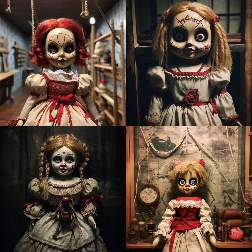 Annabelle doll style, Midjourney V5.1, render 1 of 4