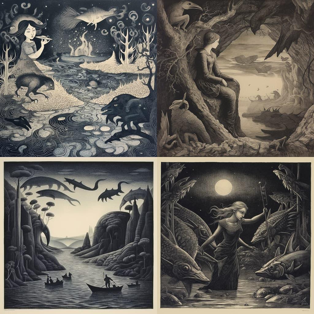 Aquatint print style, Midjourney V5.1, render 1 of 4