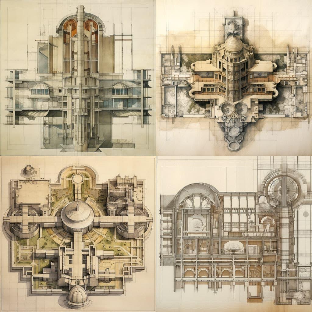 Architectural plan style, Midjourney V5.1, render 1 of 4