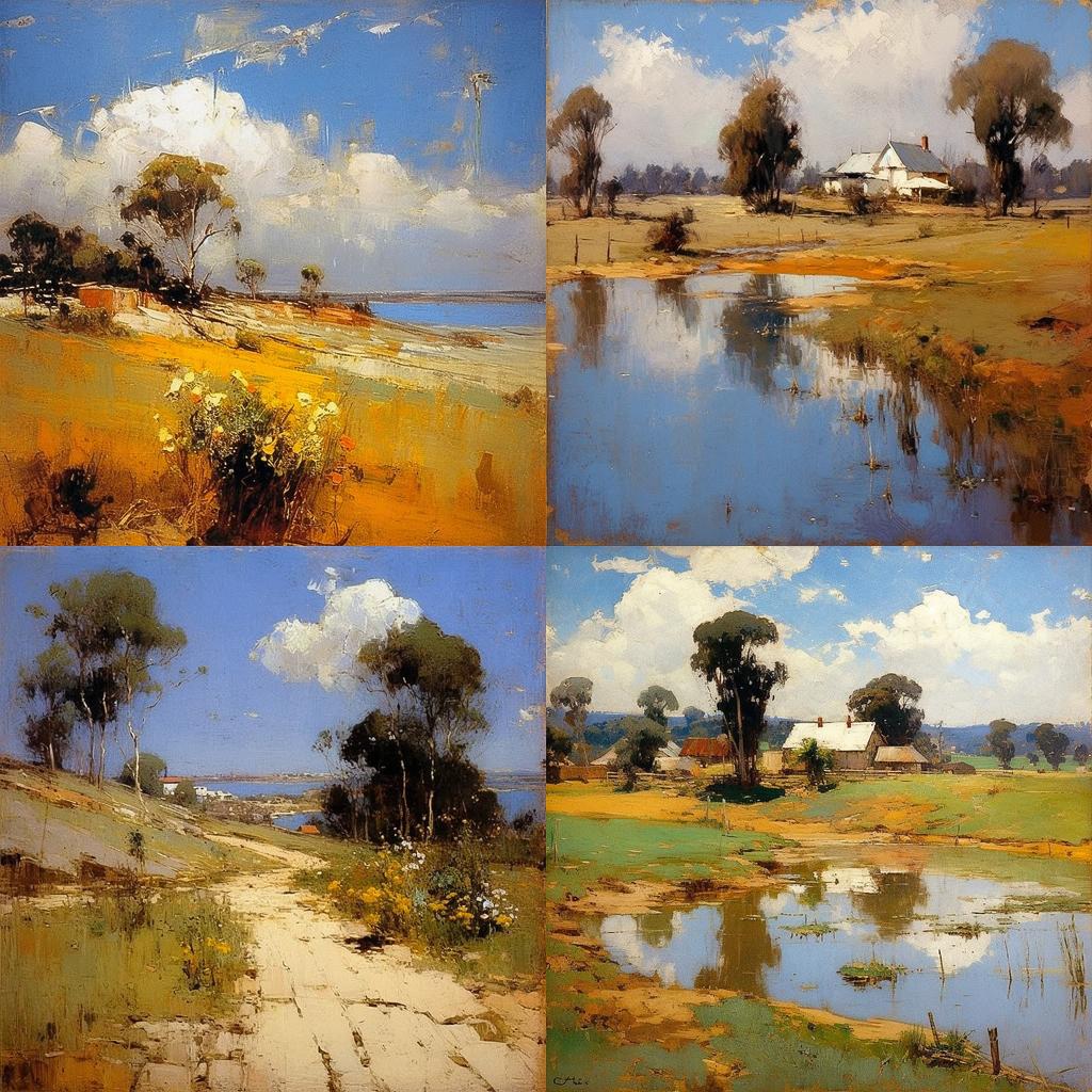 Arthur Streeton style, Midjourney V5.1, render 1 of 4
