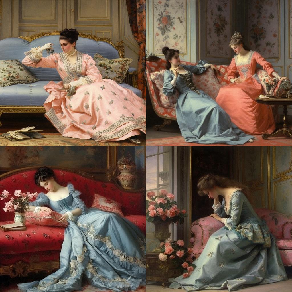 Auguste Toulmouche style, Midjourney V5.1, render 1 of 4