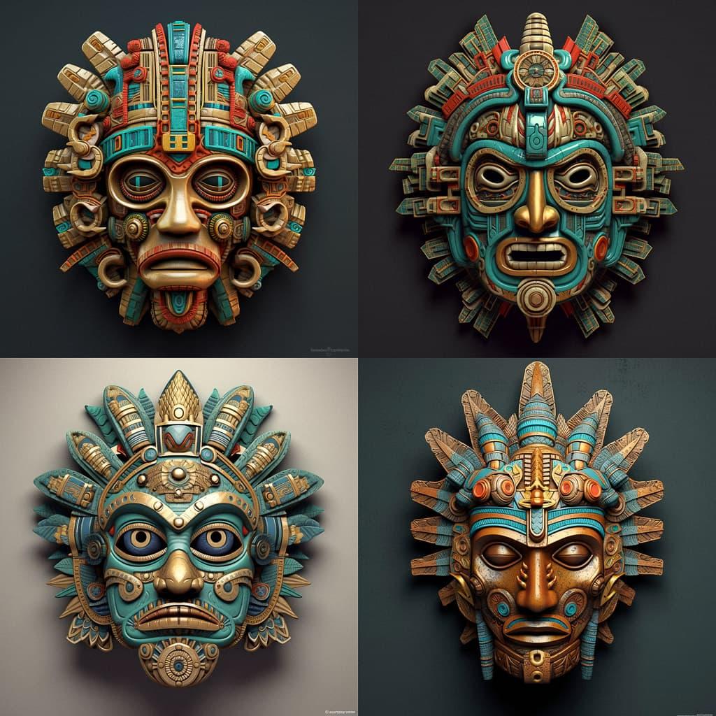 Aztec mask style, Midjourney V5.1, render 1 of 4