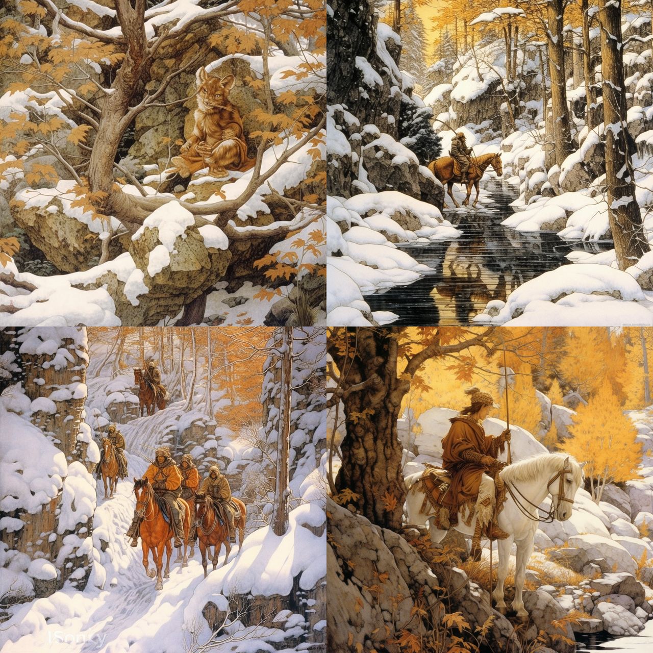 Bev Doolittle style, Midjourney V5.1, render 1 of 4
