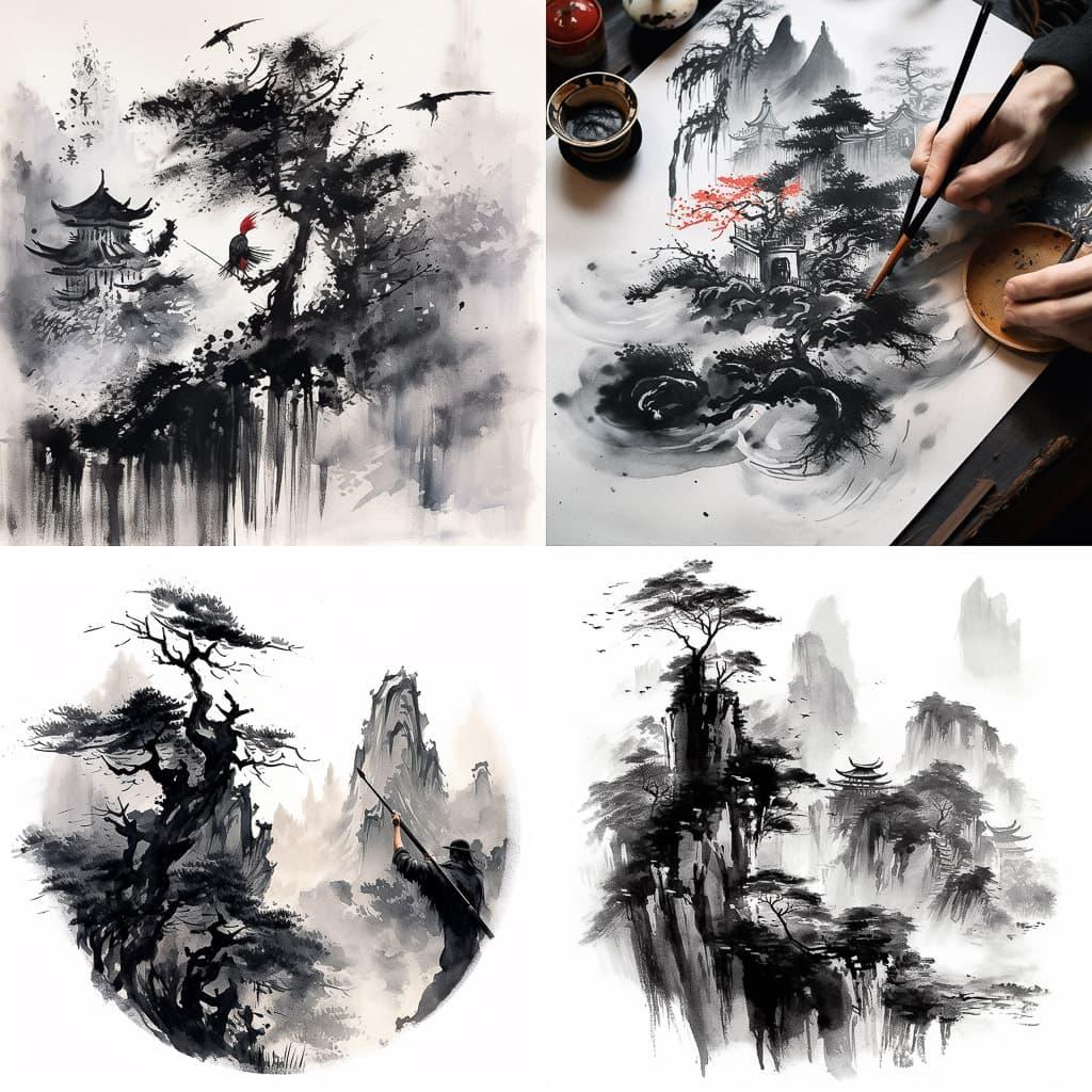 Chinese ink brush style, Midjourney V5.1, render 1 of 4