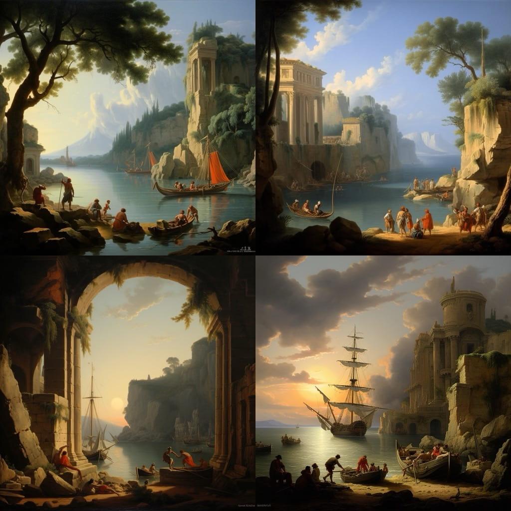 Claude-Joseph Vernet style, Midjourney V5.1, render 1 of 4