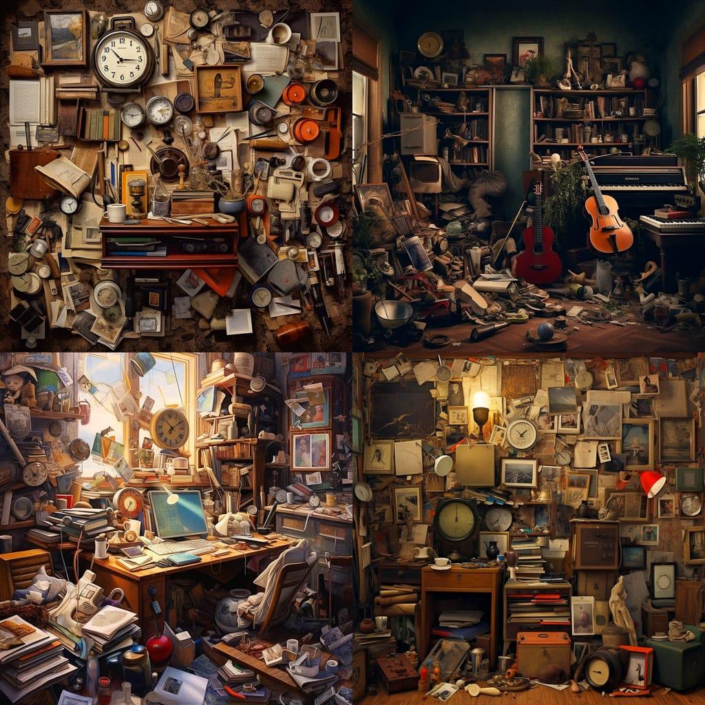 Cluttered composition style, Midjourney V5.1, render 1 of 4