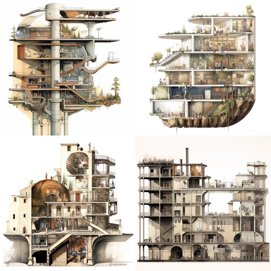 Cross-section plan style, Midjourney V5.1, render 1 of 4
