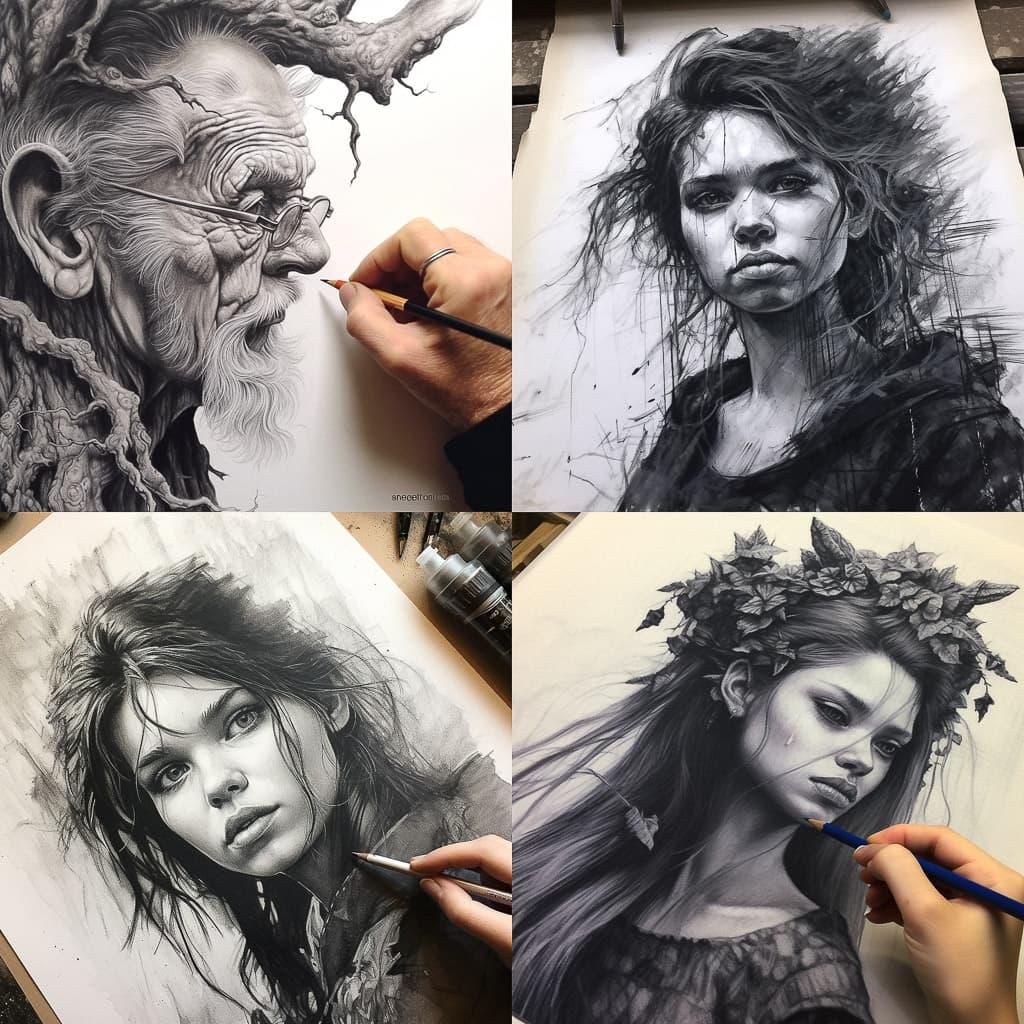 Dry brush drawing style, Midjourney V5.1, render 1 of 4